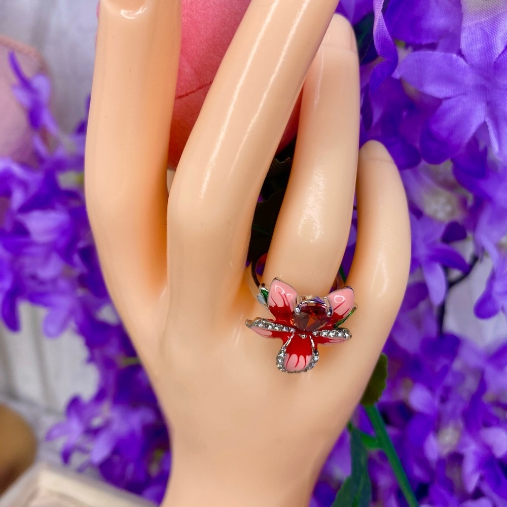 🌹 Silver Pink & Ruby Red Rhinestone Floral Ring 6 🌹 Including Velvet👑 Gift Box 🎀 - Picture 10 of 14